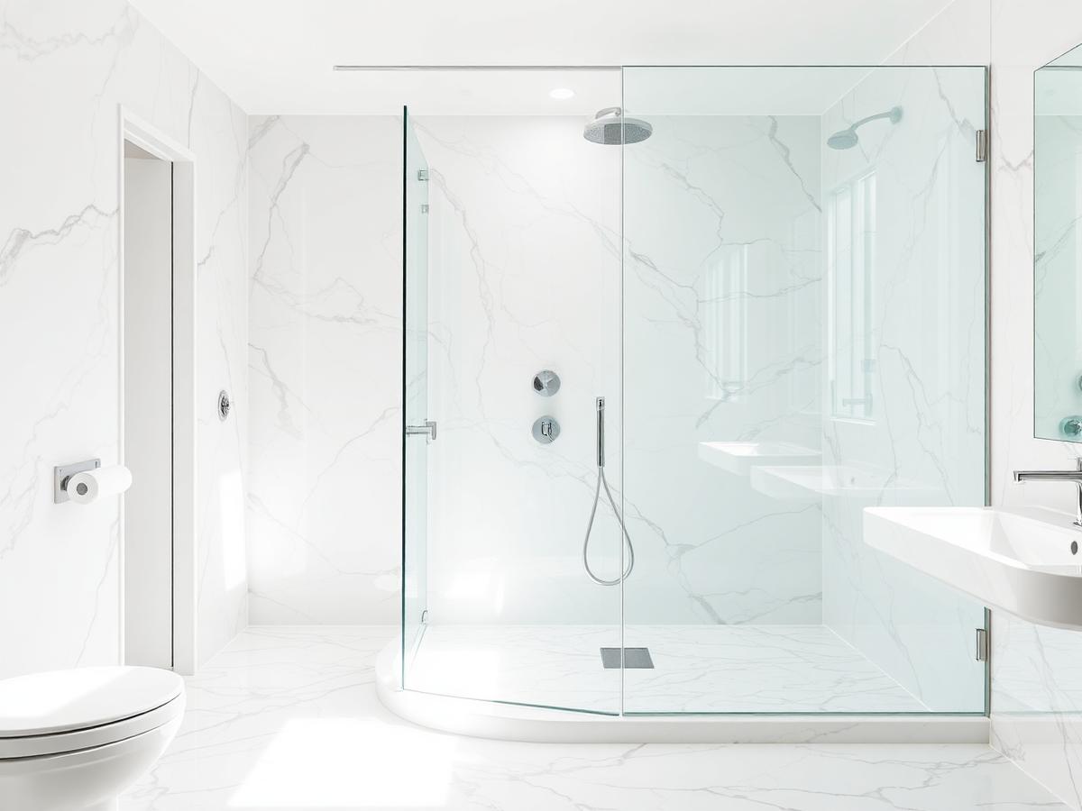 Immaculate marble bathroom with a gleaming glass shower