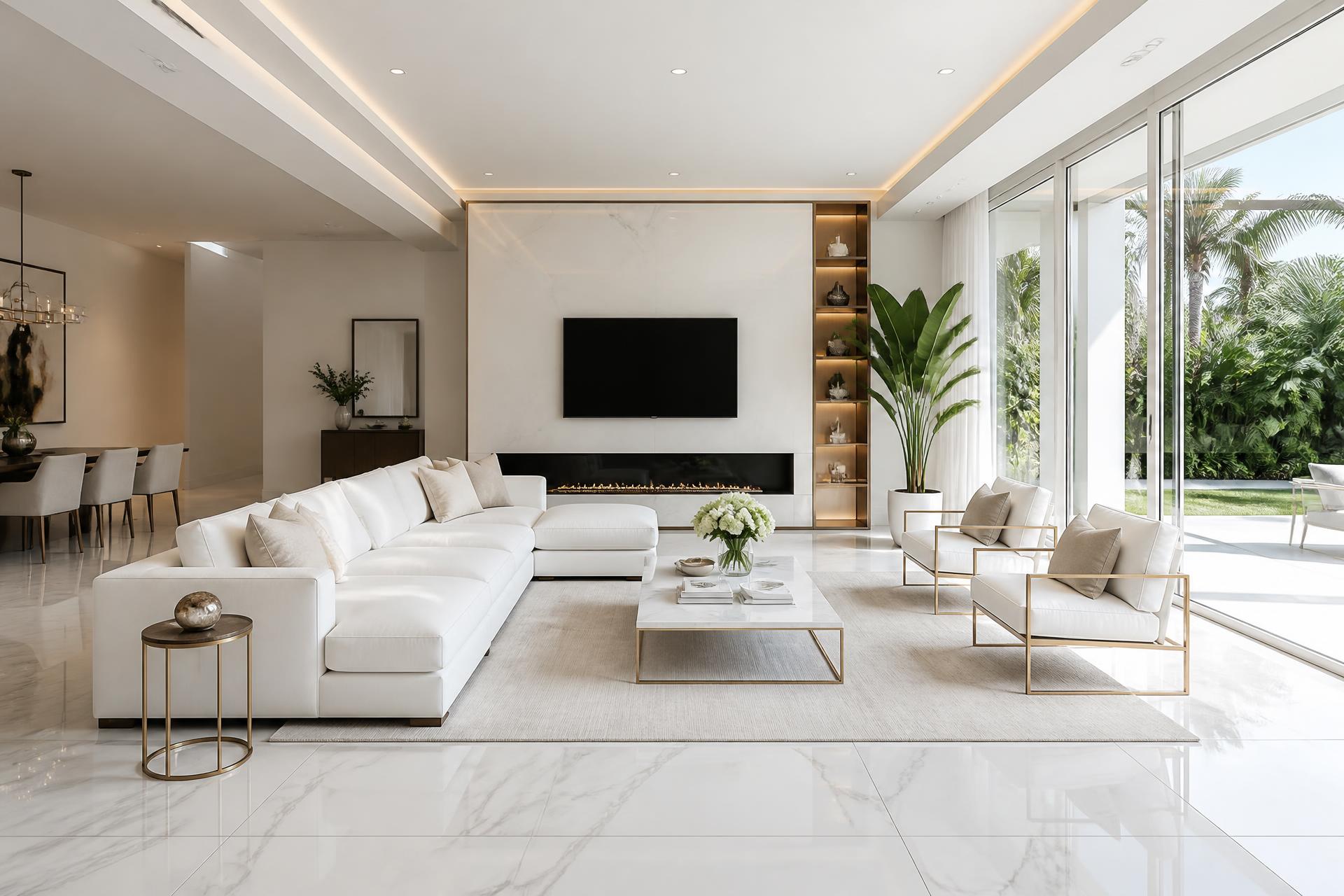 Spotless luxury living room with marble floors after a professional cleaning
